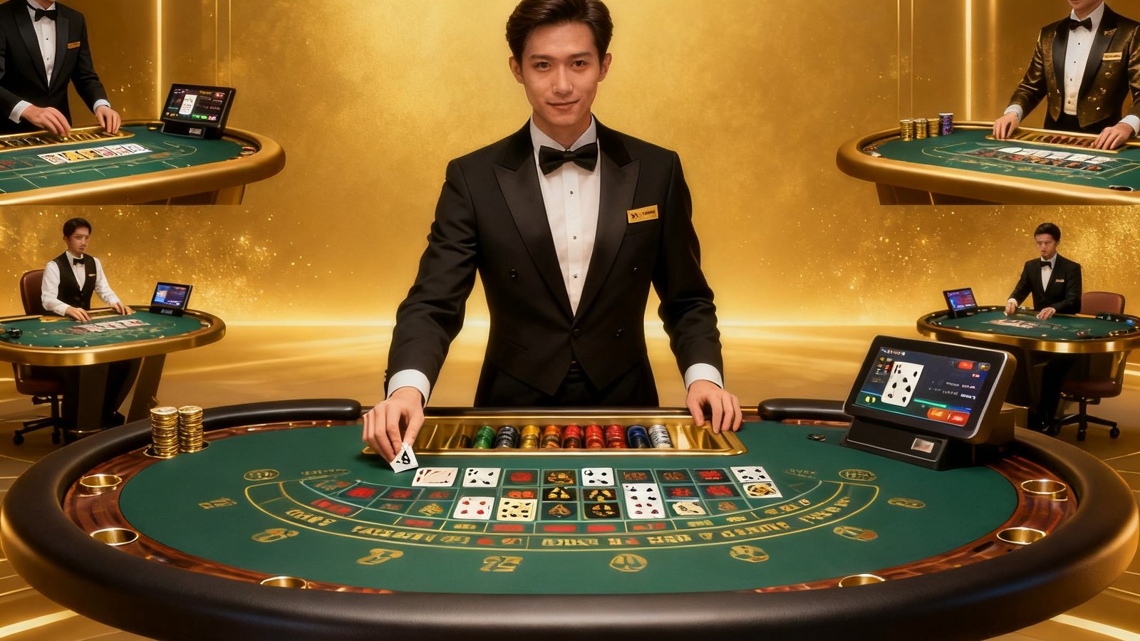 MK体育官网真人娱乐大厅界面展示，多张牌桌同时在线，荷官身着正式制服，画面采用暖金色调背景，桌面细节清晰可见，界面布局整洁专业