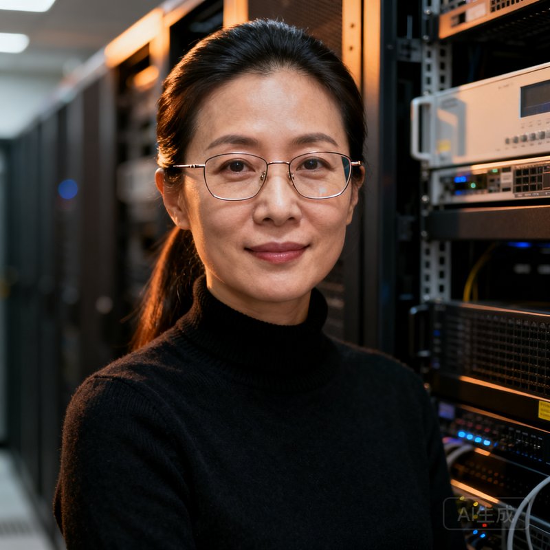 MK体育技术总监李婉婷肖像照，35岁左右的亚洲女性，长发干练地束在脑后，穿着黑色高领毛衣，戴着细框眼镜，背景为服务器机房